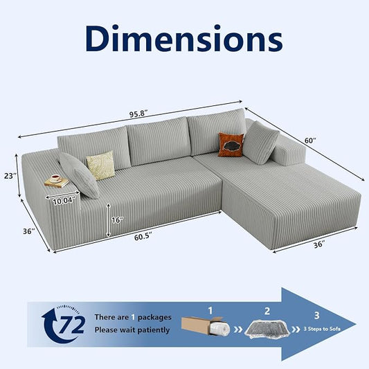 96" Modular Sectional Sofa, Modern Corduroy Cloud Couch with Deep Seat, Boneless Couch Upholstered 3-Seater L-Shaped Sofa for Living Room, No Assembly Required (Light Grey, Right-Facing Chaise)