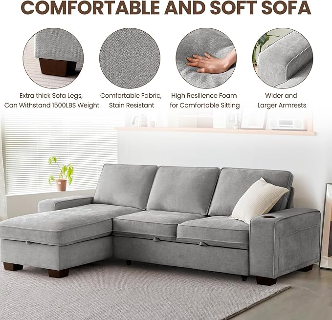 99" Convertible Sleeper Sofa Bed,L Shaped with Storage Chaise Pull Out Couch for Living Room,USB and Type-C,Removable Washable Chenille Covers (Gray)