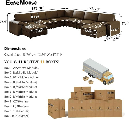 EASE MOOSE Faux Leather Sectional Couch with Ottoman, Oversized Modular Sofa, Vintage Comfy Modular Couch, Scratch Resistant Material Sofas, U Shaped Couch for Living Room, Deep Brown