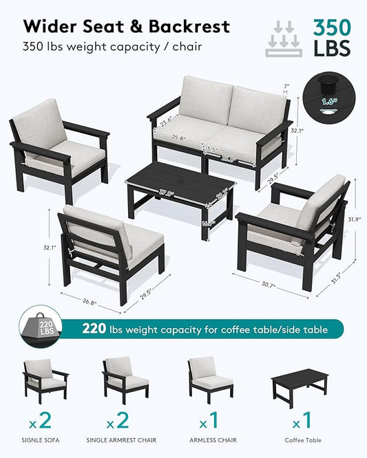 SERWALL HDPE Patio Conversation Set, 6-piece Sectional Outdoor Furniture Set, All Weather Outdoor Couch Set Patio Furniture Set for Deck, Lawn, Black Frame with Khaki Cushion