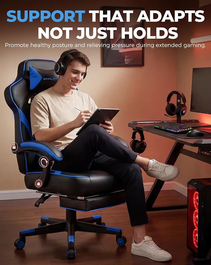 GTPLAYER Gaming Chair with Footrest, Big and Tall Game Chair 350lb Racing Style Computer Chair, Ergonomic Executive Office Chair High Back with Lumbar Support and Recliner, Blue