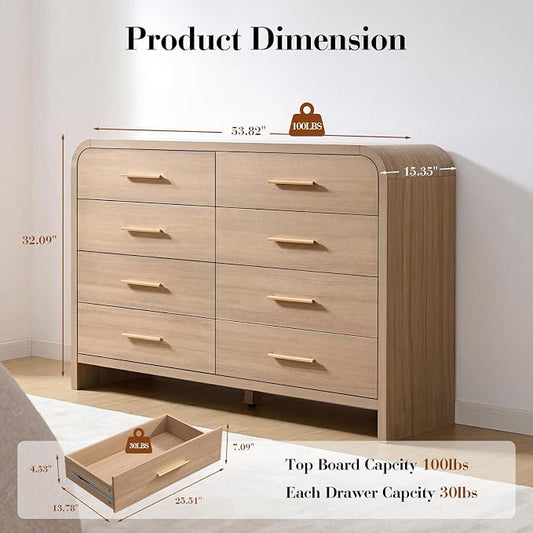 Curved 8 Drawer Dresser for Bedroom, 53.82'' Wide Chest of Drawers, Modern Storage Cabinet for Hallway & Living Room TV Stand, FSC Certified 1.18" Thick Board, 100 lbs Top Weight, Oak