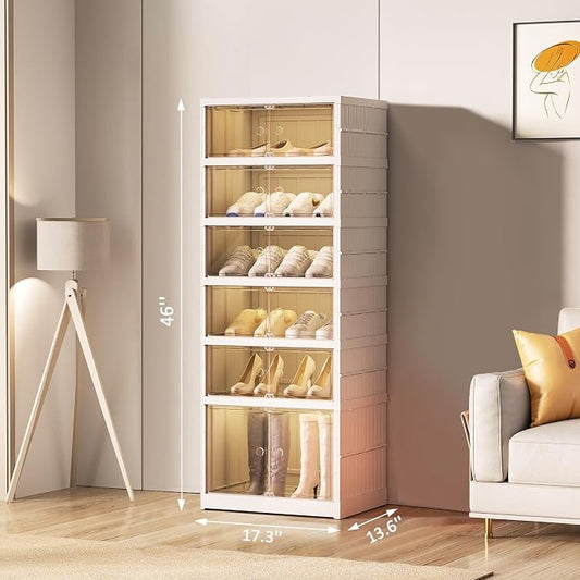 SYNCVIBE Foldable Shoe Rack Organize 6 Tier Plastic Shoe Shelf, 12 Pairs Collapsible Shoes Storage Bins, Large Folding Shoe Boxes for Closet with Doors, Stackable Storage Shoe Cabinet