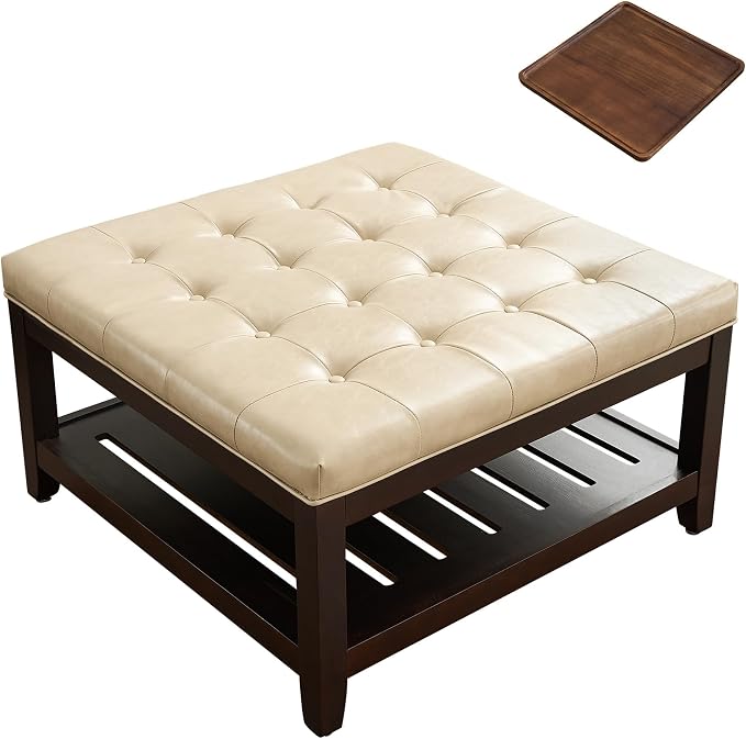 adochr 33'' PU Leather Large Square Ottoman Coffee Table with Storage, Upholstered Button Tufted Footrest Ottoman with Solid Wooden Tray,Coffee Table for Living Room,Ivory