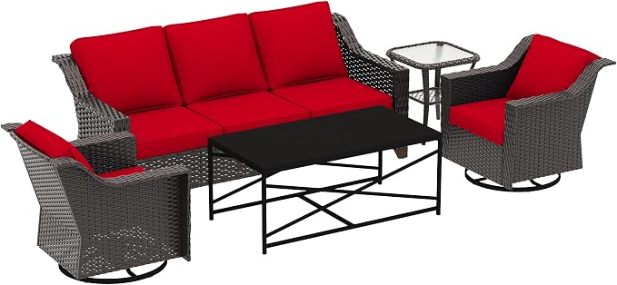 5 Pieces Outdoor Conversation Furniture Set - 77" Patio Sofa, 2 Swivel Rocker Chairs, 1 Side Table, 1 Metal Coffee Table, Patio Wicker Couch Set with Washable Cushions for Porch (Red)