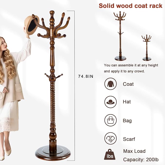Coat Racks Freestanding, Natural Wood Coat Stands with 14 Hooks, 73" Heavy Duty Adjustable Height Vintage Hall Tree for Entryway, Bedroom, Office, Easy Assembly (Antique color)