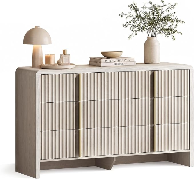 ModernMate Fluted 6 Drawer Dresser for Bedroom, 53.2" Wide Chest of Drawers, Modern Storage Cabinet with Anti-Tip Design, Wood Clothes Organizer with Metal Handles, White Alder