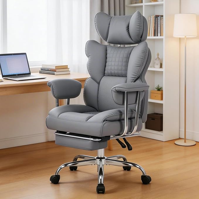 DUMOS Big and Tall Office Chair 400 LBS, Scratch-Resistant PU Leather Executive Office Desk Chair with Footrest, Ergonomic Reclining Computer Chairs with Pocket Spring Support, Grey