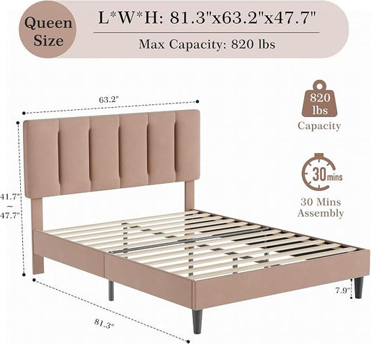 VECELO Queen Size Bed Frame with Upholstered Headboard, Heavy-Duty Bedframe with Wooden Slats & Steel Framework, Easy Assembly, Coffee