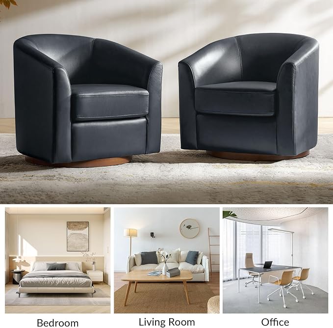 HULALA HOME Genuine Leather Swivel Barrel Chairs Set of 2, Round Swivel Accent Chairs with Solid Wood Base, Leather Barrel Accent Chair for Living Room, No Assembly Required, Navy
