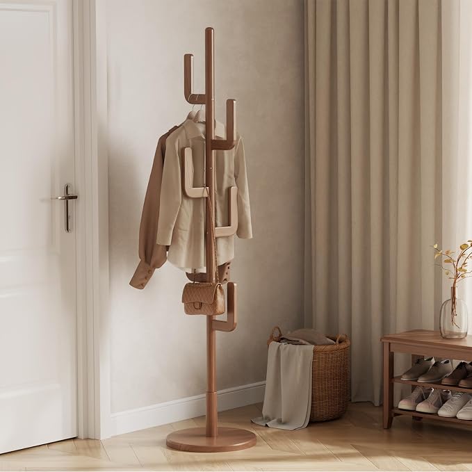 Muwuele Solid Wood Cactus Coat Rack, Freestanding Coat Rack With 6 L-Shaped Hooks and 3 Adjustable Sizes, Coat Tree for Bedroom, Entryway, Livingroom, Coat Hanger Stand for Coats, Handbags (Walnut)