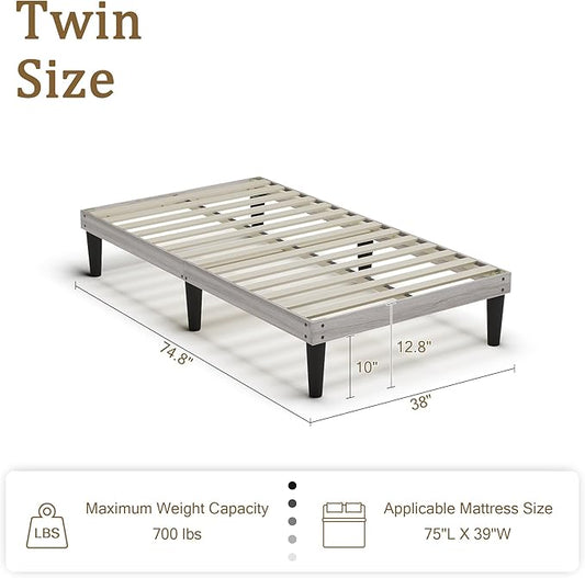 Yumori 12.9 Inch Minimalist Style Twin Size Bed Frame, Wood Platform Bed with Wood Slat Support, No Box Spring Needed, Easy Assembly, Grey