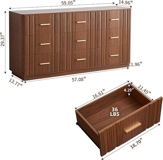 Fluted Dresser for Bedroom with 9 Drawers, 59" Wide Mid Century Modern Chest of Drawers, Wooden Dresser TV Stand, Wood Closet Clothes Storage Organizer for Living Room Hallway, Walnut