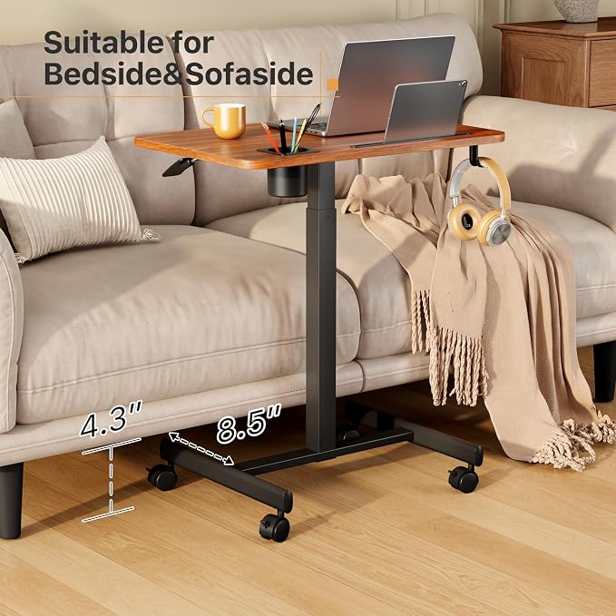 Mobile Standing Desk, Rolling Laptop Cart Adjustable Height with Cup Holder, 28 inch Portable Table with 4 Lockable Wheels, Walnut Computer Workstation with Hook and Slots for Home Office
