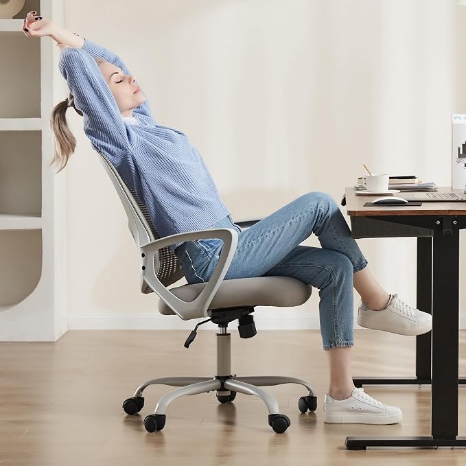 OLIXIS Home Office Chair, Mid Back Computer Ergonomic Mesh Desk with Large Seat, Executive Height Adjustable Swivel Task with Lumbar Support and Armrest, for Adults, Grey