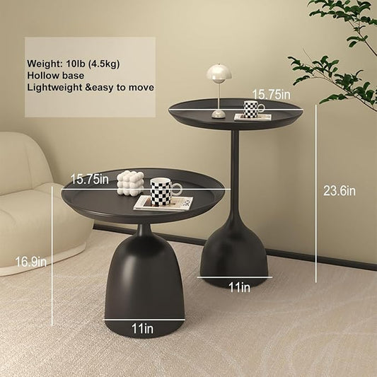 Side Coffee Table Set, Living Room Small Round End Table | Metal Nesting Tables Pedestal Tables Sofa Side and Bedside Console Table, Matt Black