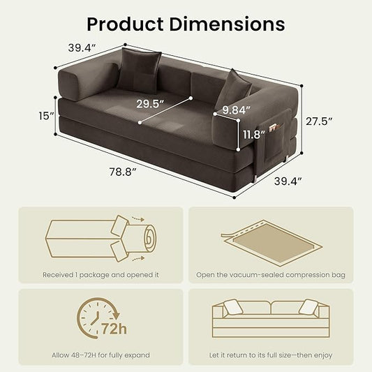 78.8" Convertible Futon Sofa Bed,Corduroy Futon Couch with Storage Pocket,Folding Pull Out Sofa,No Assembly Boneless Couch for Living Room,Taupe