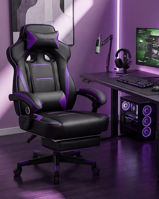 GTPLAYER Gaming Chair with Footrest, Big and Tall Game Chair 350lb Racing Style Computer Chair, Ergonomic Executive Office Chair High Back with Lumbar Support and Recliner, Purple