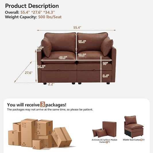 55" Brown Faux Leather Storage Loveseat Sofa, Upholstered 2 Seater Sofa | Modern Deep Seat Cloud Sofa Chair, Small Love Seat Comfy Modular Sectional Sofa for Living Room, Bedroom, Small spaces