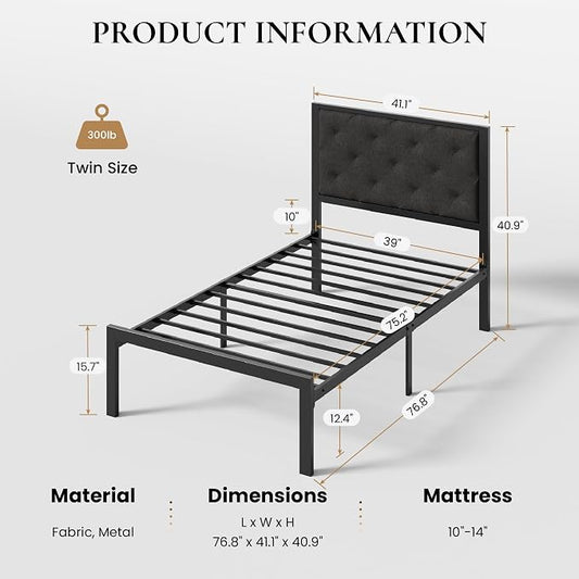 SHA CERLIN Twin Size Metal Bed Frame with Linen Tufted Headboard, Dark Gray | Modern Design Heavy-Duty Platform Bed, No Box Spring Need, Linen Fabric Upholstery, Noise Free, Easy Assembly
