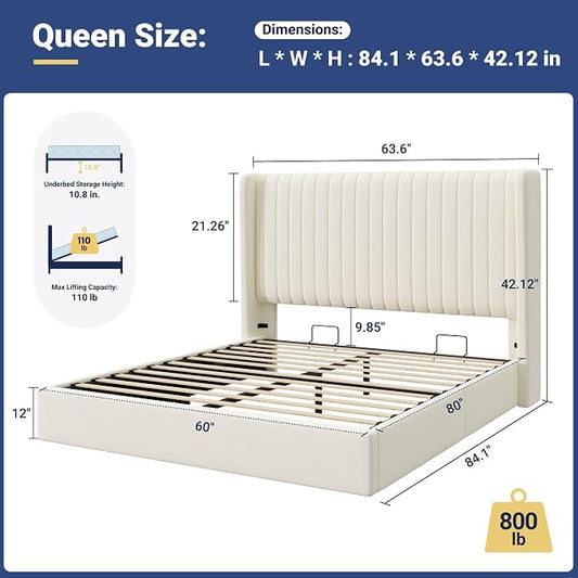 Allewie Queen Size Lift Up Storage Bed Frame, Hydraulic Support System, Upholstered Platform Bed Frame, Underneath Storage, Vertical Channel Tufted Headboard with Wingback, No Box Spring Needed, Cream