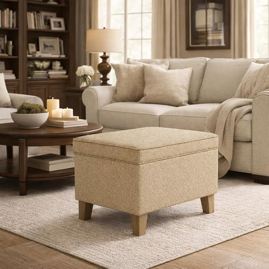 Homepop Home Decor | Medium Square Storage Ottoman with Hinged Lid | Ottoman with Storage for Living Room & Bedroom, Tan