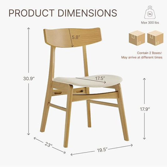KISLOT Wooden Dining Chairs Set of 4, Upholstered Modern Dining Room Chairs, Mid Century Oak Kitchen Chairs with Curved Wood Backrest for Farmhouse, Restaurant, Café (Cream Fabric & Original Color)