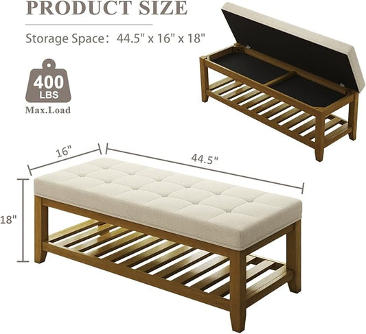 Befurtori Large Rectangular Upholstered Ottoman Bench, Linen Tufted Footrest Ottoman with Solid Wood Shelf Storage Coffee Table for Bedroom Living Room, Ivory