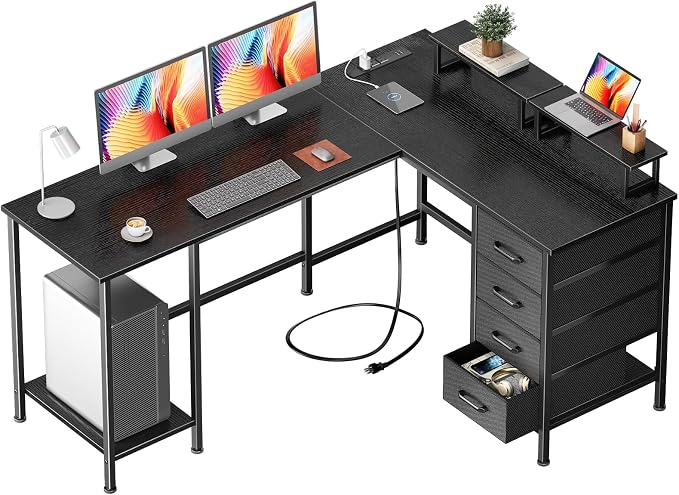 Korfile 59 inch L Shaped Computer Desk with Power Outlets, Home Office Desk with 4 Adjustable Storage Drawers & 2 Monitor Stands, Two Person Gaming Table for Bedroom, Black