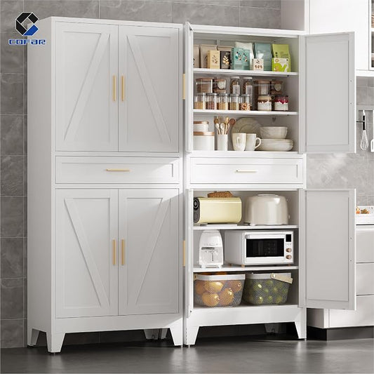 COFaR 71 in Tall Kitchen Pantry Cabinet with Drawer, Metal Pantry Storage Cabinet with 4 Adjustable Shelves and 4 Barn Doors, White Freestanding Farmhouse Food Cupboard for Dining Room