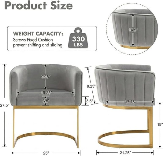 Hyfirm Gray and Gold Modern Barrel Dining Chairs Set of 2, Velvet Upholstered Accent Chairs with Curved Back for Kitchen Island, Luxury Comfort Seating Cantilever Metal Frame