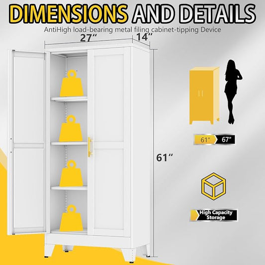 PAOFIN 61" Metal Storage Cabinet with 2 Doors and 3 Adjustable Shelves,White Metal Garage Storage Cabinets, File Cabinet,Steel Tool Cabinets for Home,Office,Garage,School,Warehouse