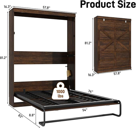 Hlivelood Full Size Murphy Bed with 2 LED Lights, Farmhouse Wood Hidden Foldable Wall Bed Frame w/Gas Struts, Storage Bed Cabinet for Bedroom, Office, Space-Saving, No Box Spring Needed, Brown