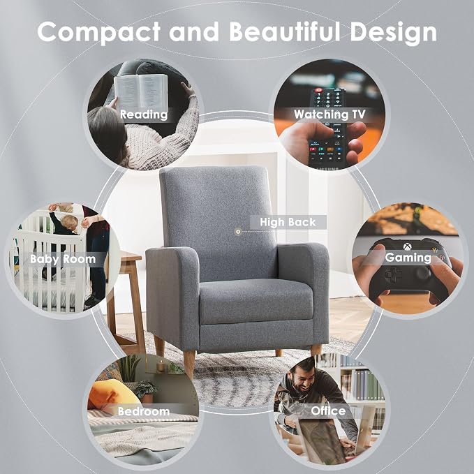 COLAMY Mid-Century Modern Accent Chair, Fabric Upholstered Living Room Chair with Back Pillow & Solid Wood Legs, Comfy Armchair for Living Room, Bedroom, Single Sofa, Grey