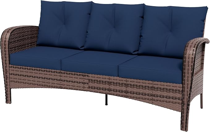 Patio 3-Seater Sofa, PE Wicker Outdoor Lounge with Thick Removable Cushions, Rust-Proof Steel Frame, 900LBS Capacity, Blue