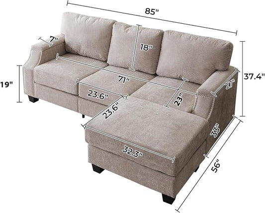 Rexulqo 85'' L Shaped Couch with Armrest Organizer,Comfy 3 Seats Sofa with Storage Ottoman,Chenille Sectional Couches for Living Room,Bedroom,Apartment,Sofa Set with Oversized Chair,Khaki