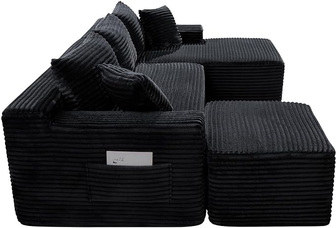 95-Inch U-Shaped Right Facing Corner Compressed Sofa Modular Sectional Boneless Cloud Sofa Floor Foam Couch W/Chaise Lounge & Ottoman, Corduroy Corner Boneless Cloud Couch