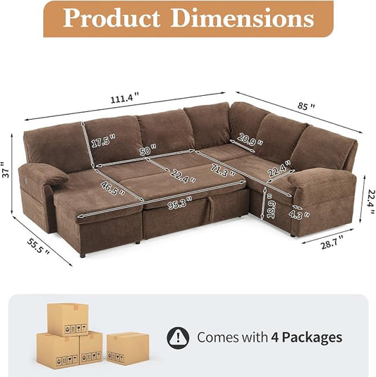 VINGLI Sectional Sleeper Sofa with Pull Out Couch Bed, 111 Inch U-Shaped Convertible Sofa Bed, 7 Seat Modular Sectional Couches for Living Room with Storage Chaise, USB Charging, Side Pockets