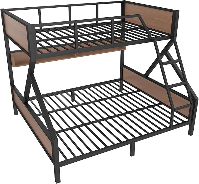KEIKI Queen Over King Bunk Bed, Heavy Duty Metal Bunkbed with Storage Shelves, Lights, Bottom Space & Guardrail for Aldults Dorm Bedroom Guest Room, No Box Spring Needed, Noise-Free Design