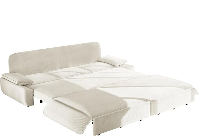 94.5" Pull Out Couch King Size, Futon Sofa Bed, 3-in-1 Convertible Sleeper Sofa Bed with Cushion Armrest, Modern Corduroy Loveseat Couches for Living Room, Small Space, Apartment, Beige