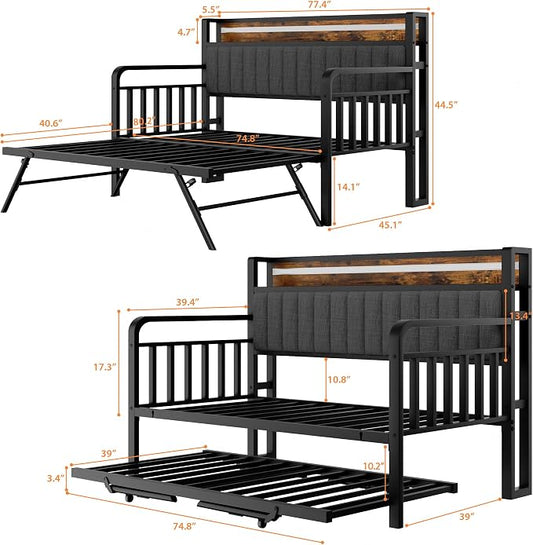 Daybed with Trundle and LED Light, Heavy Duty Metal Twin Bed Frame with Upholstered Storage Headboard & Charging Station, Day Bed Pop Up Trundle Bed Twin for Living Room,Bedroom and Guest Room, Brown