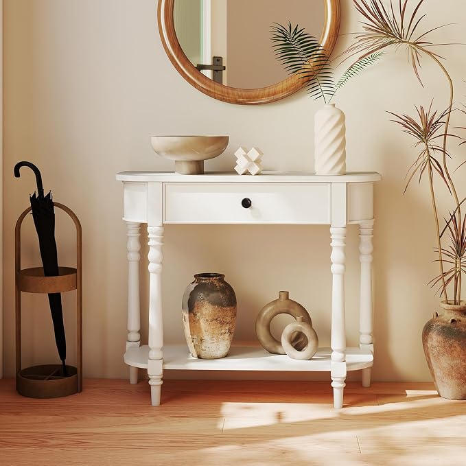 Giantex 2-Tier Narrow Console Table, 36" White Entryway Table with Storage Drawer & Elegant Legs, Wooden Sofa Table with Open Shelf for Living Room, Foyer, Hallway, Bedroom, Entrance
