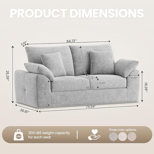 75.6" Modern Loveseat Sofa for Living Room, Cloud Boneless Couches with 4 Pillows, Mid Century Loveseat couches for Small Place, No Assembly Required, Light Grey