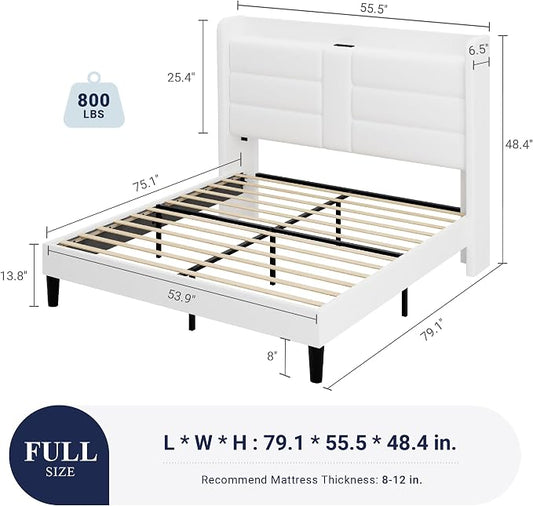 Allewie Full Size Platform Bed Frame with Charging Station & Storage Headboard, Upholstered Velvet Wingback Design & USB Port, Strong Wooden Slats Support, No Box Spring Needed, Easy Assembly, White
