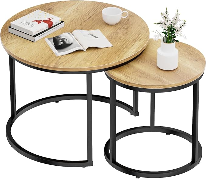 Smuxee Nesting Coffee Table Set of 2, 23.6" Round Coffee Table Brown Wood with Adjustable Non-Slip Feet, Industrial End Table Side Tables for Living Room Bedroom Balcony Yard