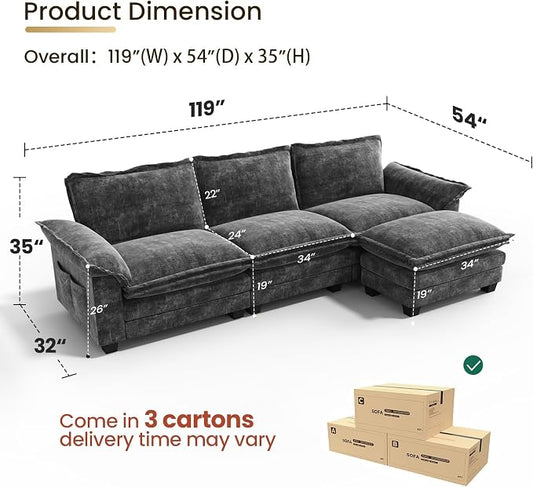 KKL 89 Inch Modular Sectional Sofa, 2 Sets of Loveseat Cloud Couches with Deep Seat, Chenille Sectional Couches for Living Room, Apartment, Grey