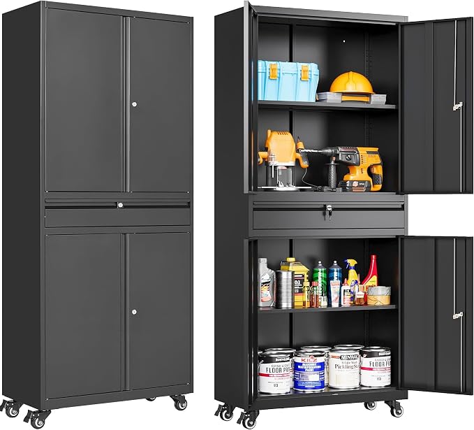 Metal Garage Storage Cabinet with Wheels and Drawer,73" Tall Black Rolling Garage Cabinet with Locking Doors and Adjustable Shelves,Mobile Metal Storage Cabinets on Wheels for Home,Office,Garages,Tool
