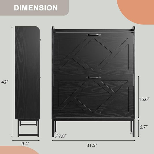 Nicetree Shoe Storage Cabinet with 2 Flip Drawers, Freestanding Shoe Organizer, Shoe Cabinet with Metal Legs, Narrow Shoe Rack Cabinet, Farmhouse Slim Shoe Cabinet for Entryway, Foyer, Hallway, Black