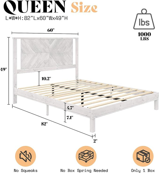 AMERLIFE Solid Wood Queen Size Bed Frame with Headboard, Rustic Style Platform Bed Frame with Under-Bed Storage, No Box Spring Needed, Noise Free, Easy Assembly, Antique White