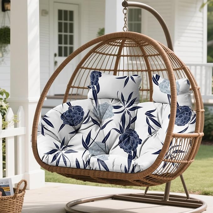 Double Egg Chair Cushion Replacement Waterproof for Outdoor Patio Hanging Basket Egg Chairs, 59x43-Inch Thickened 100% Cotton Large Double Eggs Swing Chair Cushions, Blue Enchantress